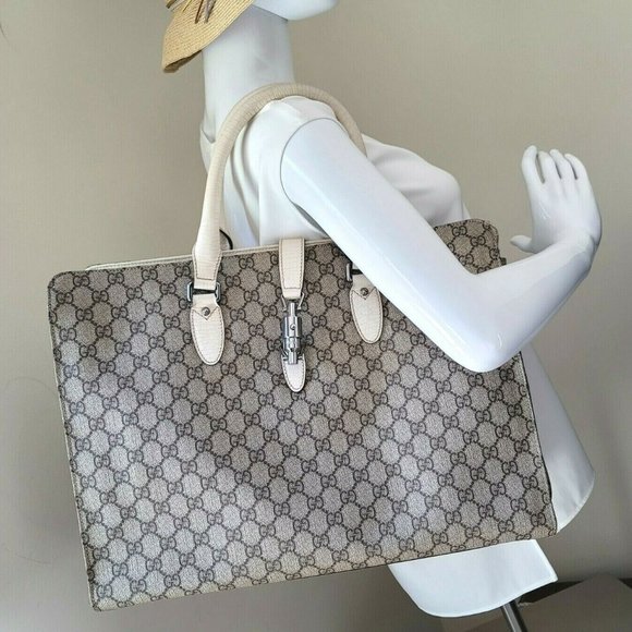 Gucci Jackie GG Supreme Canvas Ivory Leather Large Tote Computer Hand Bag Auth - Picture 10 of 12
